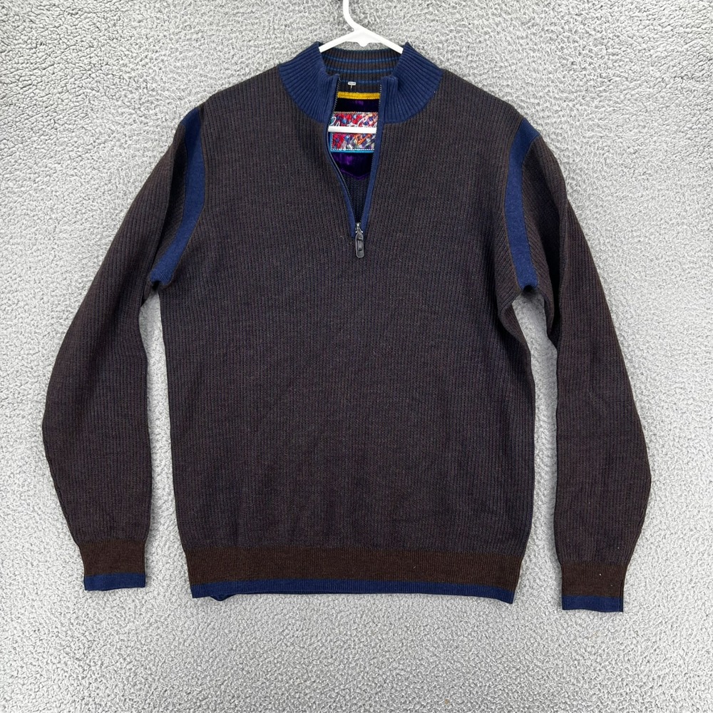 ROBERT GRAHAM Whalen Wool Quarter Zip Sweater Mens Size Large Brown Navy Stretch - Picture 2 of 15
